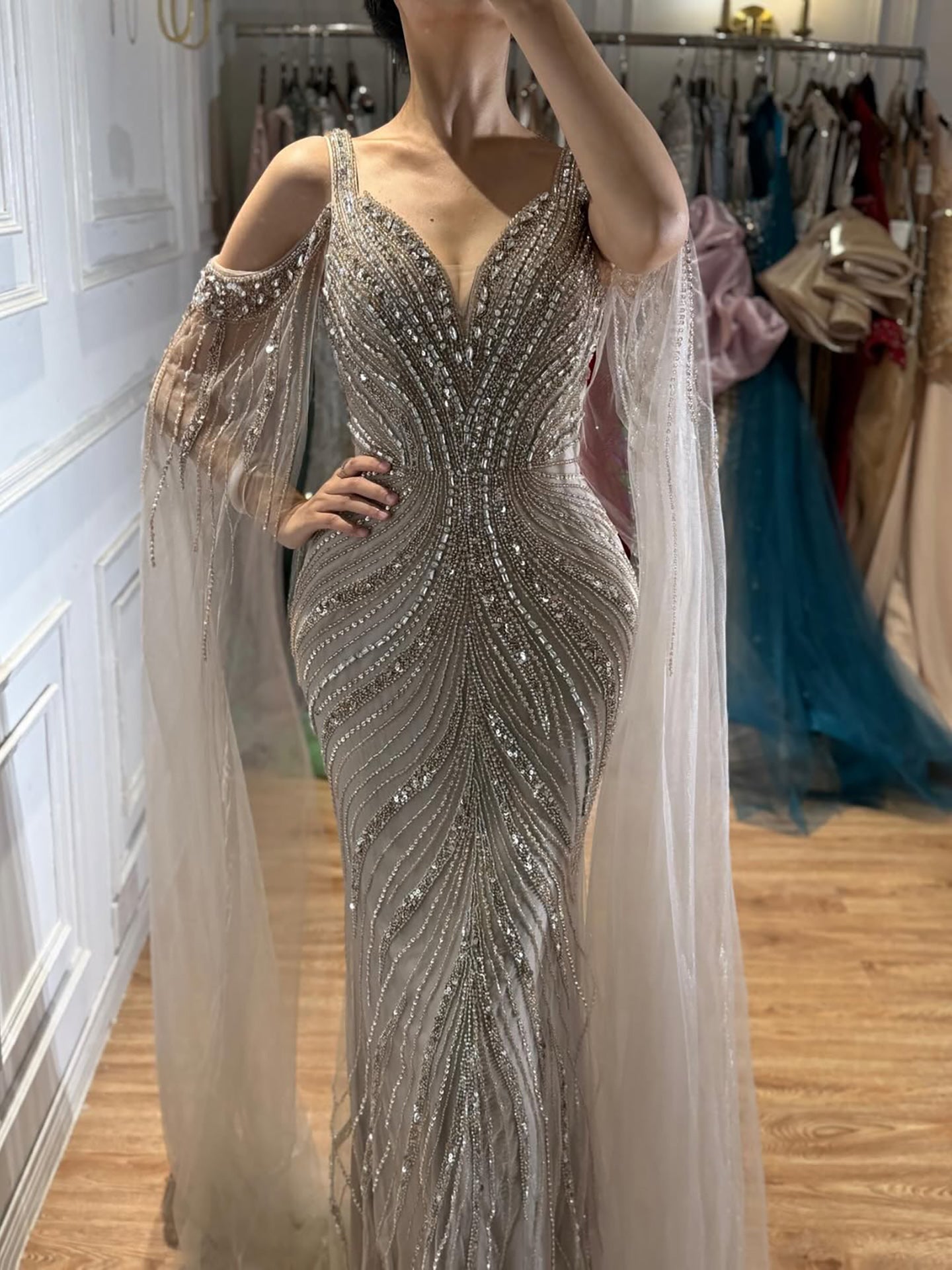 Luxury Pink Beaded Mermaid Evening Dress With Cape Sleeves LA73210A