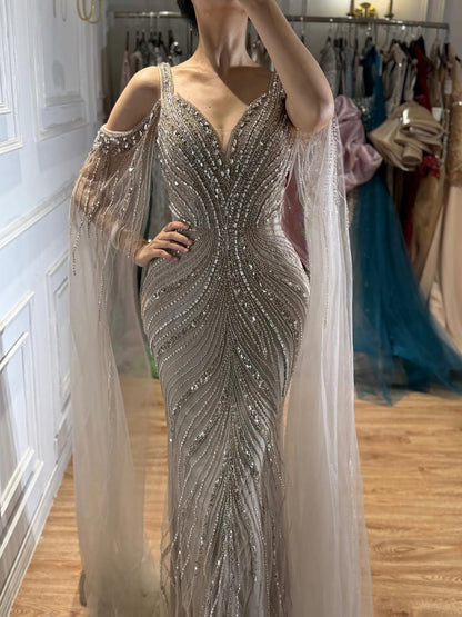 Luxury Pink Beaded Mermaid Evening Dress With Cape Sleeves LA73210A