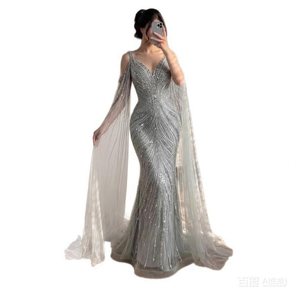 Luxury Caramel Beaded Mermaid Evening Dress With Cape Sleeves LA73210