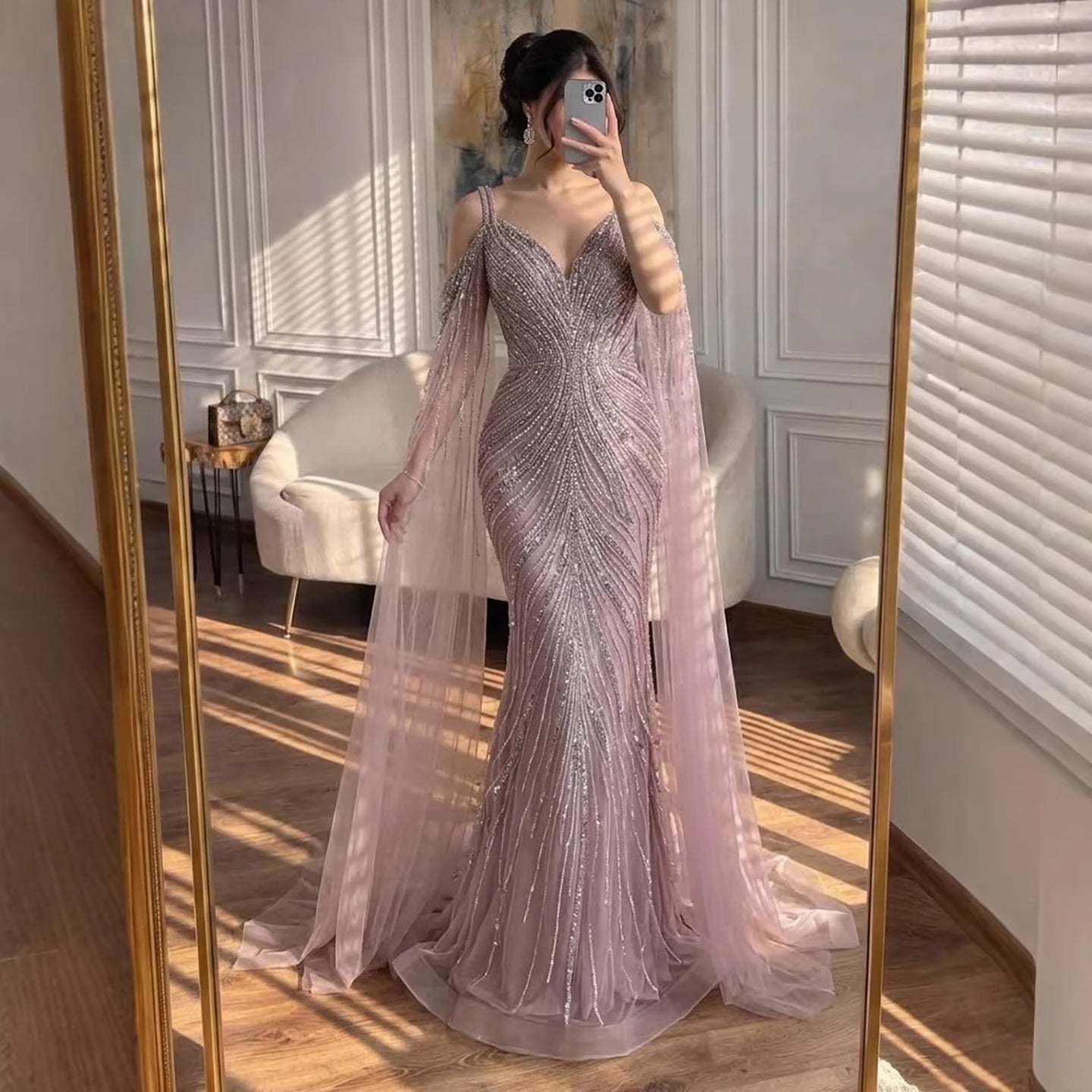 Luxury Pink Beaded Mermaid Evening Dress With Cape Sleeves LA73210A