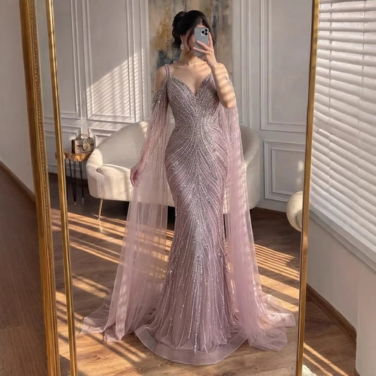 Luxury Pink Beaded Mermaid Evening Dress With Cape Sleeves LA73210A