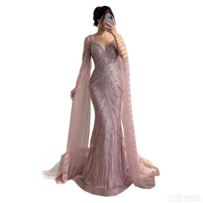 Luxury Pink Beaded Mermaid Evening Dress With Cape Sleeves LA73210A