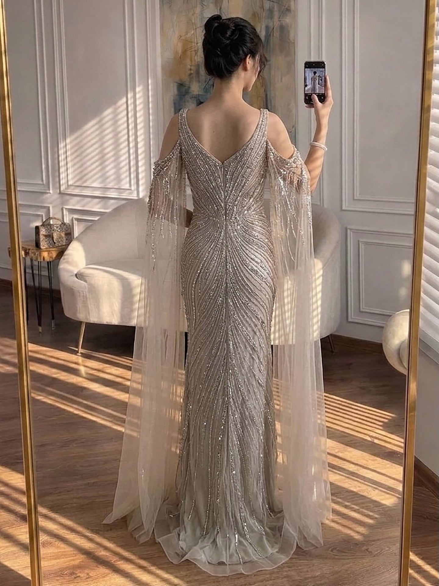 Luxury Pink Beaded Mermaid Evening Dress With Cape Sleeves LA73210A