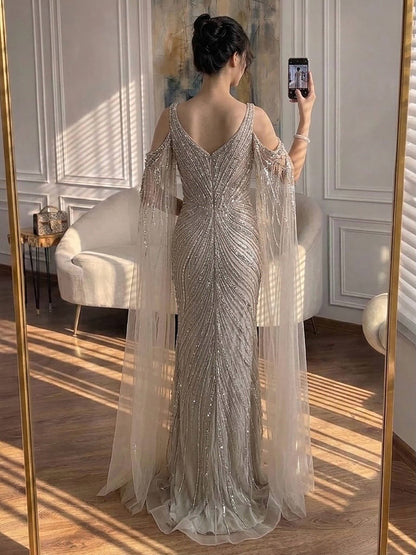 Luxury Pink Beaded Mermaid Evening Dress With Cape Sleeves LA73210A