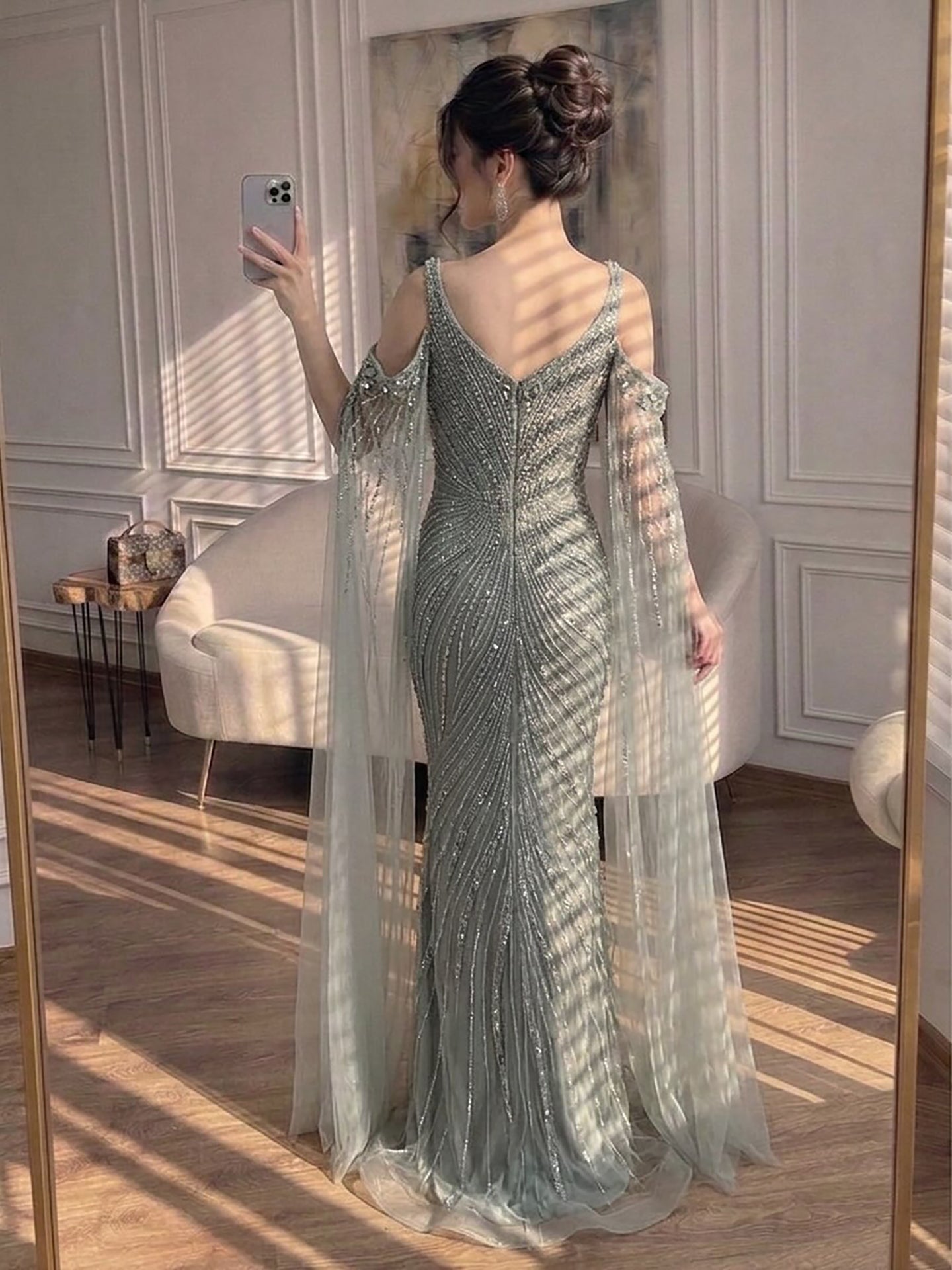 Luxury Caramel Beaded Mermaid Evening Dress With Cape Sleeves LA73210