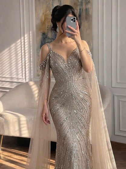 Luxury Pink Beaded Mermaid Evening Dress With Cape Sleeves LA73210A