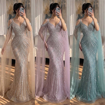 Luxury Pink Beaded Mermaid Evening Dress With Cape Sleeves LA73210A