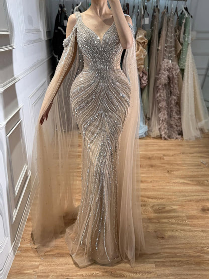 Luxury Pink Beaded Mermaid Evening Dress With Cape Sleeves LA73210A