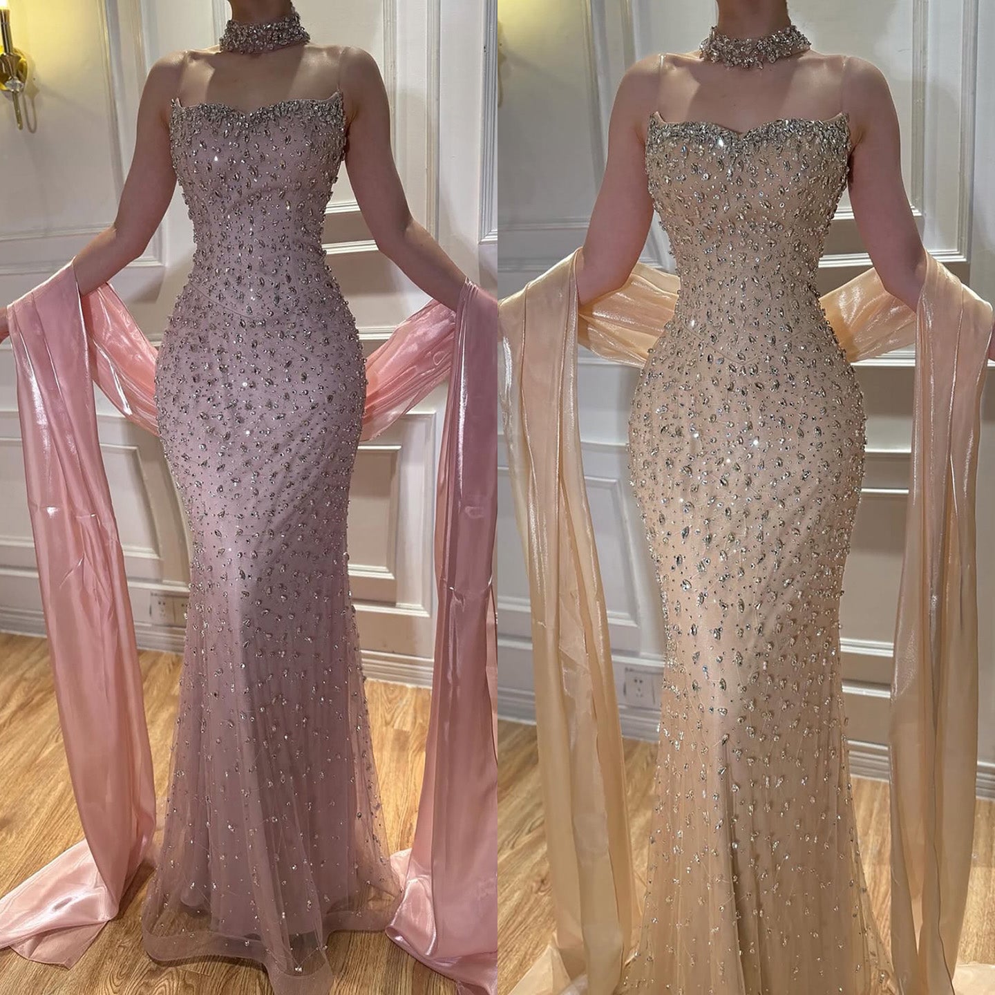 Luxury Pink Diamond Evening Dress with Cape Gown for Wedding Party LA73225