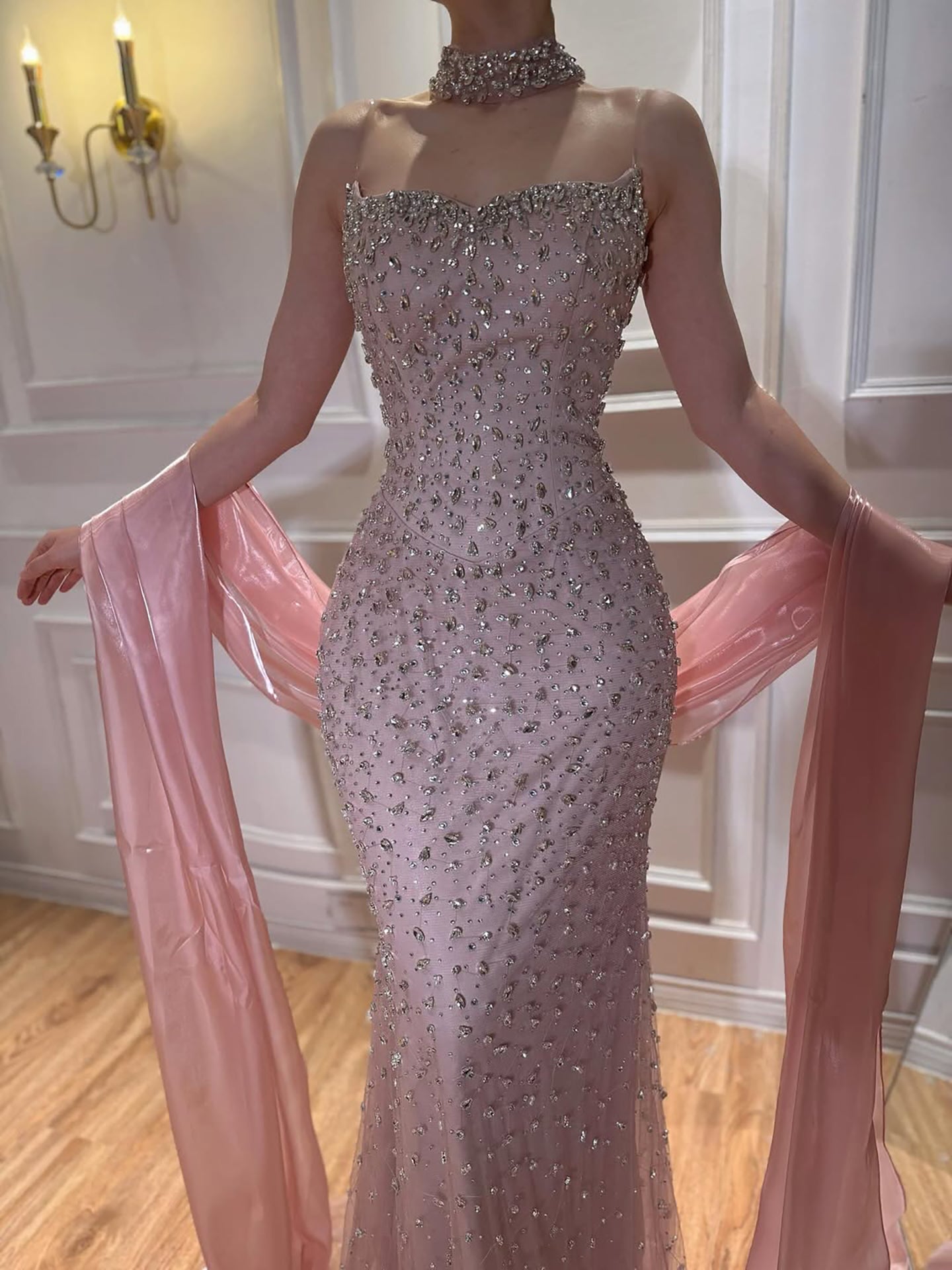 Luxury Pink Diamond Evening Dress with Cape Gown for Wedding Party LA73225