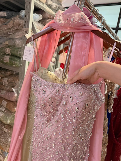 Luxury Pink Diamond Evening Dress with Cape Gown for Wedding Party LA73226A