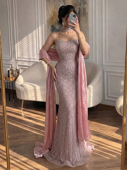 Luxury Pink Diamond Evening Dress with Cape Gown for Wedding Party LA73226A