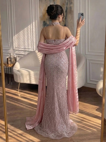 Luxury Pink Diamond Evening Dress with Cape Gown for Wedding Party LA73226A