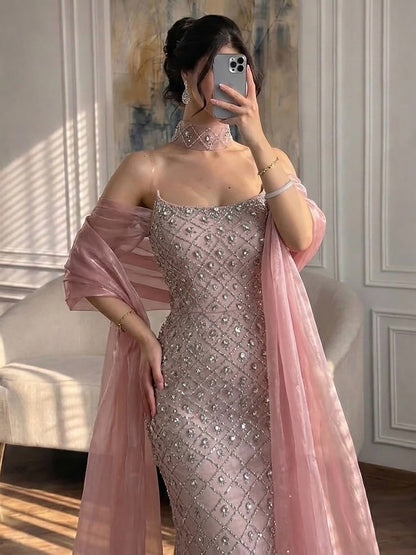 Luxury Pink Diamond Evening Dress with Cape Gown for Wedding Party LA73226A
