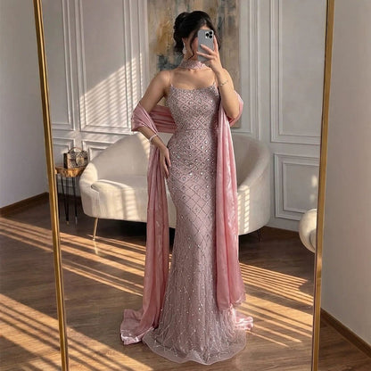 Luxury Pink Diamond Evening Dress with Cape Gown for Wedding Party LA73226A