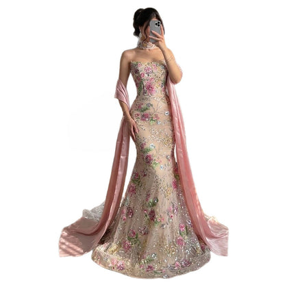 Luxury Pink Floral Beaded Mermaid Gown with Shawl LA73226B