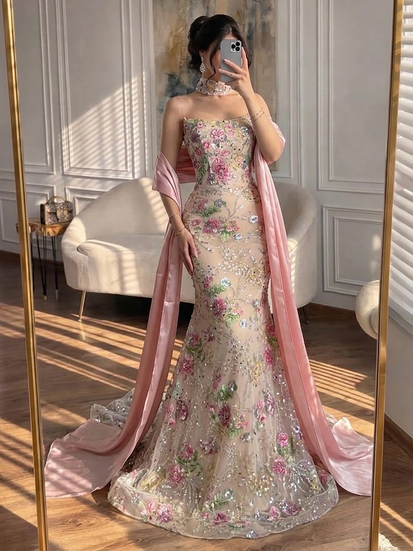 Luxury Pink Floral Beaded Mermaid Gown with Shawl LA73226B