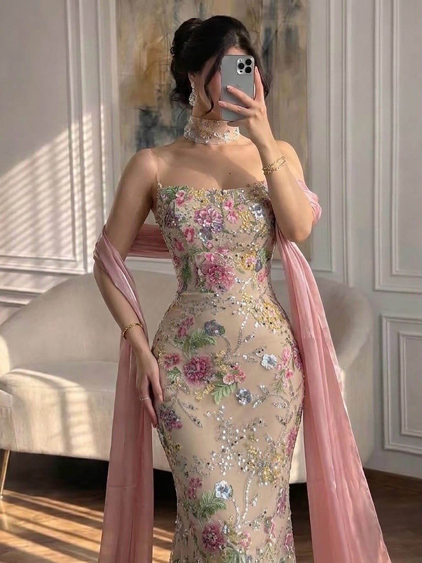 Luxury Pink Floral Beaded Mermaid Gown with Shawl LA73226B