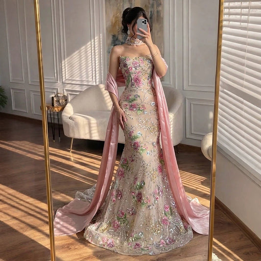 Luxury Pink Floral Beaded Mermaid Gown with Shawl LA73226B