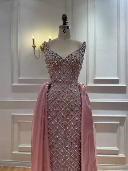 Luxury Pink Crystal Beaded Mermaid Evening Dress LA73226C