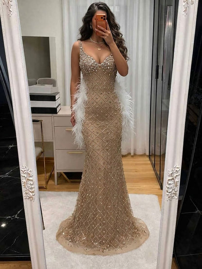 Luxury Nude Crystal Beaded Feather Mermaid Evening Dress LA73226D