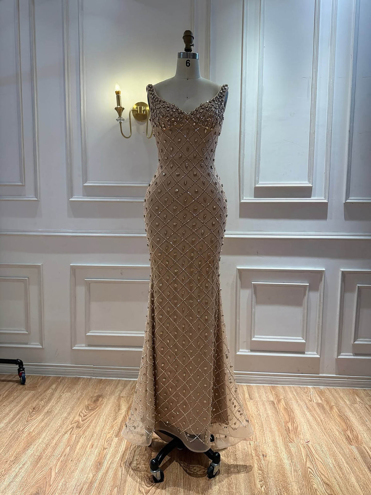Luxury Nude Crystal Beaded Feather Mermaid Evening Dress LA73226D
