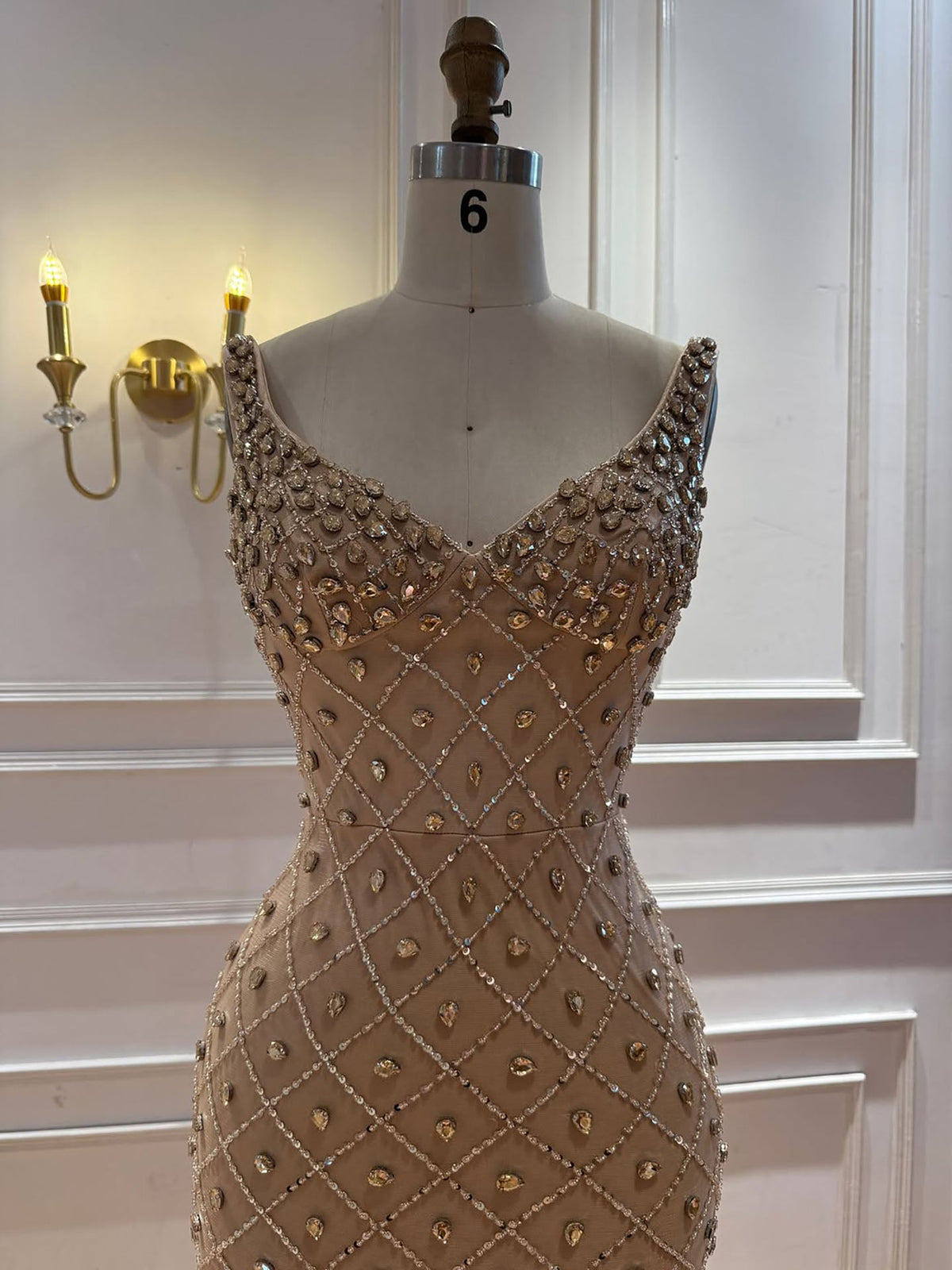 Luxury Nude Crystal Beaded Feather Mermaid Evening Dress LA73226D