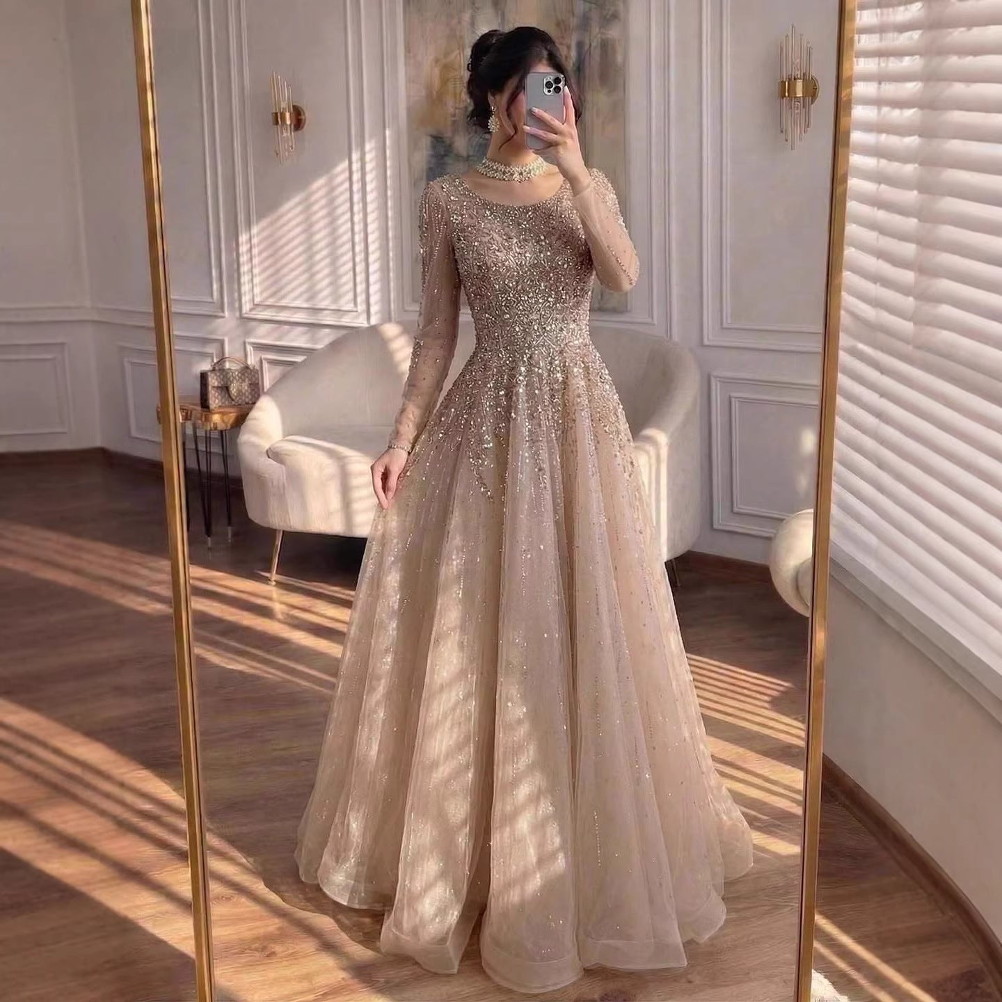 Luxury Nude Long Sleeve Illusion Beaded A-Line Evening Dress LA73269A