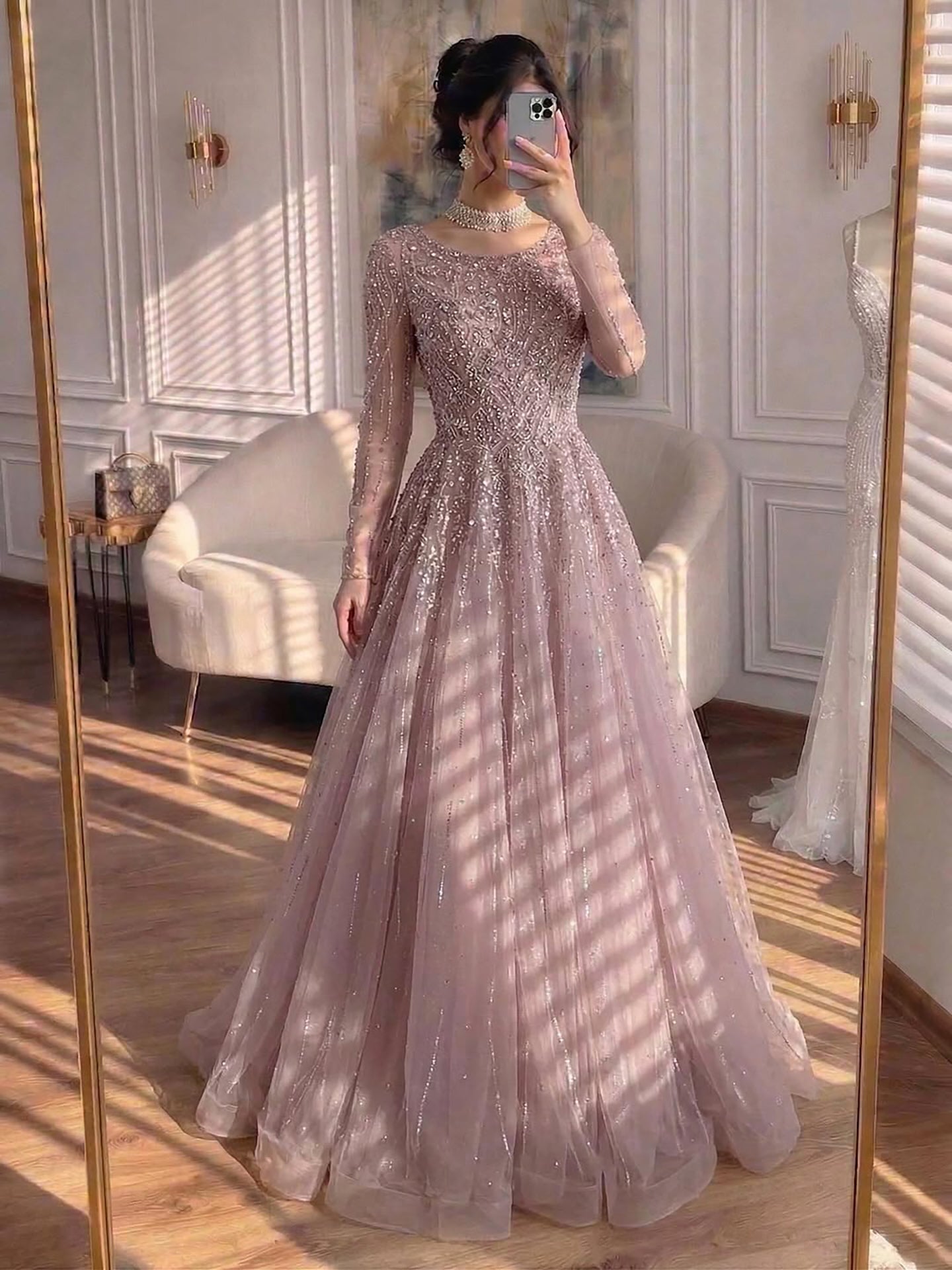 Luxury Nude Long Sleeve Illusion Beaded A-Line Evening Dress LA73269A