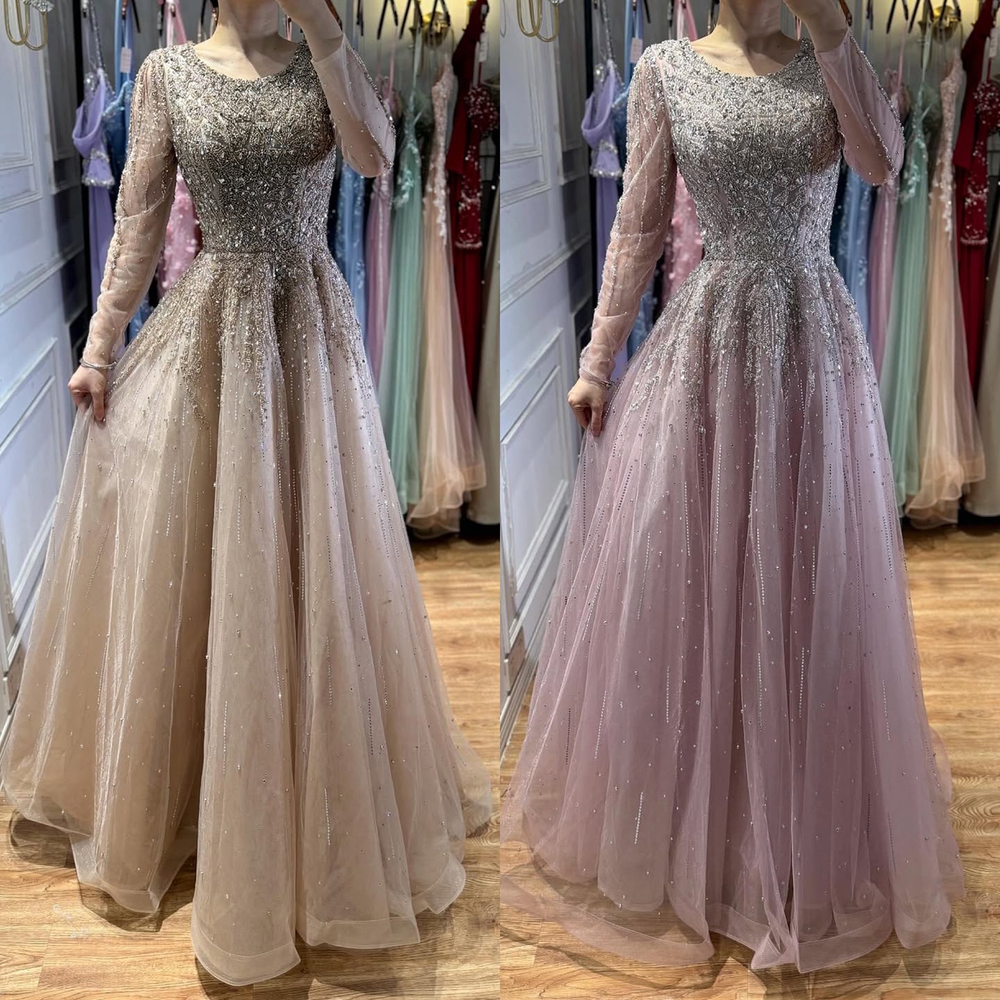 Luxury Nude Long Sleeve Illusion Beaded A-Line Evening Dress LA73269A
