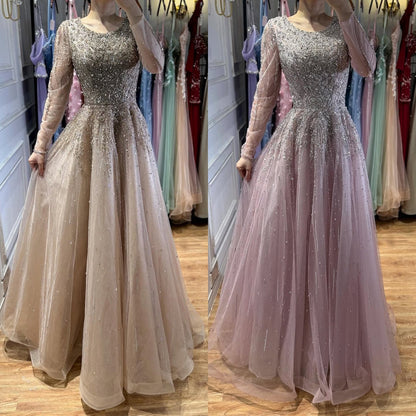 Luxury Nude Long Sleeve Illusion Beaded A-Line Evening Dress LA73269A