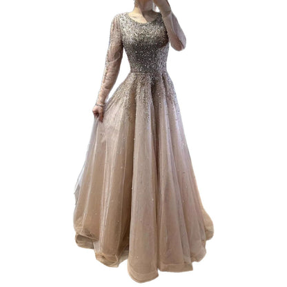 Luxury Nude Long Sleeve Illusion Beaded A-Line Evening Dress LA73269A