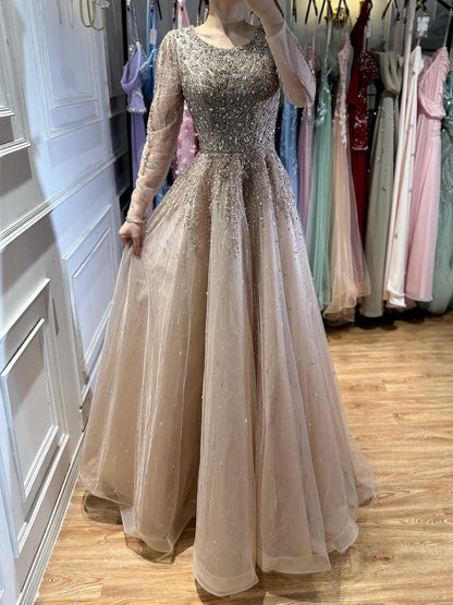 Luxury Nude Long Sleeve Illusion Beaded A-Line Evening Dress LA73269A