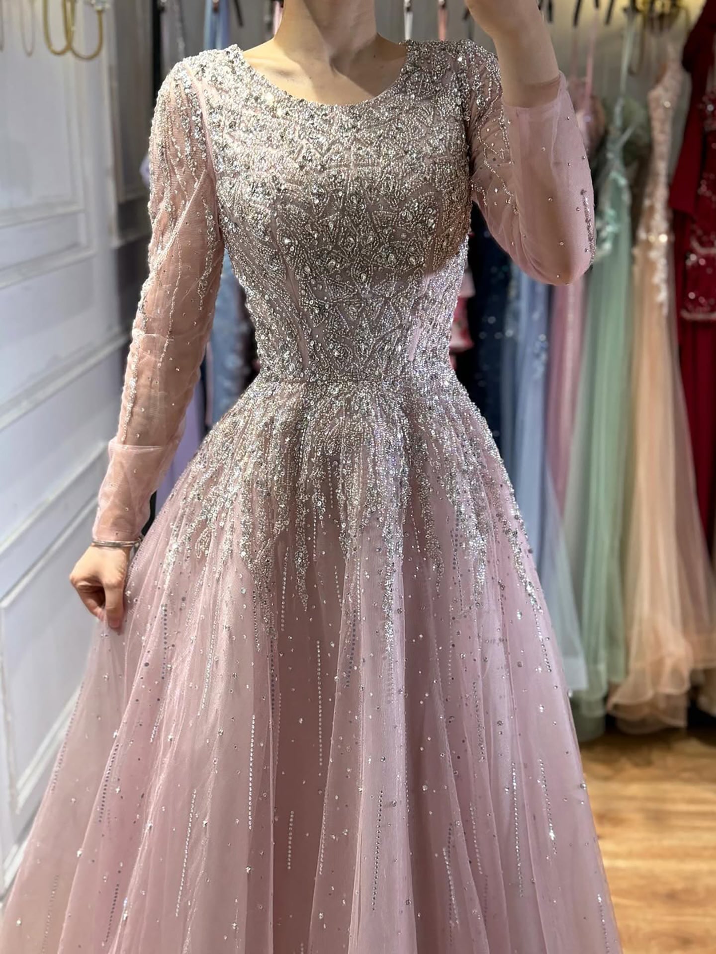 Luxury Nude Long Sleeve Illusion Beaded A-Line Evening Dress LA73269A