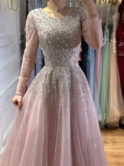 Luxury Nude Long Sleeve Illusion Beaded A-Line Evening Dress LA73269A