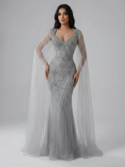 Luxury Dubai Pink Beaded Evening Dress With Cape LA73329