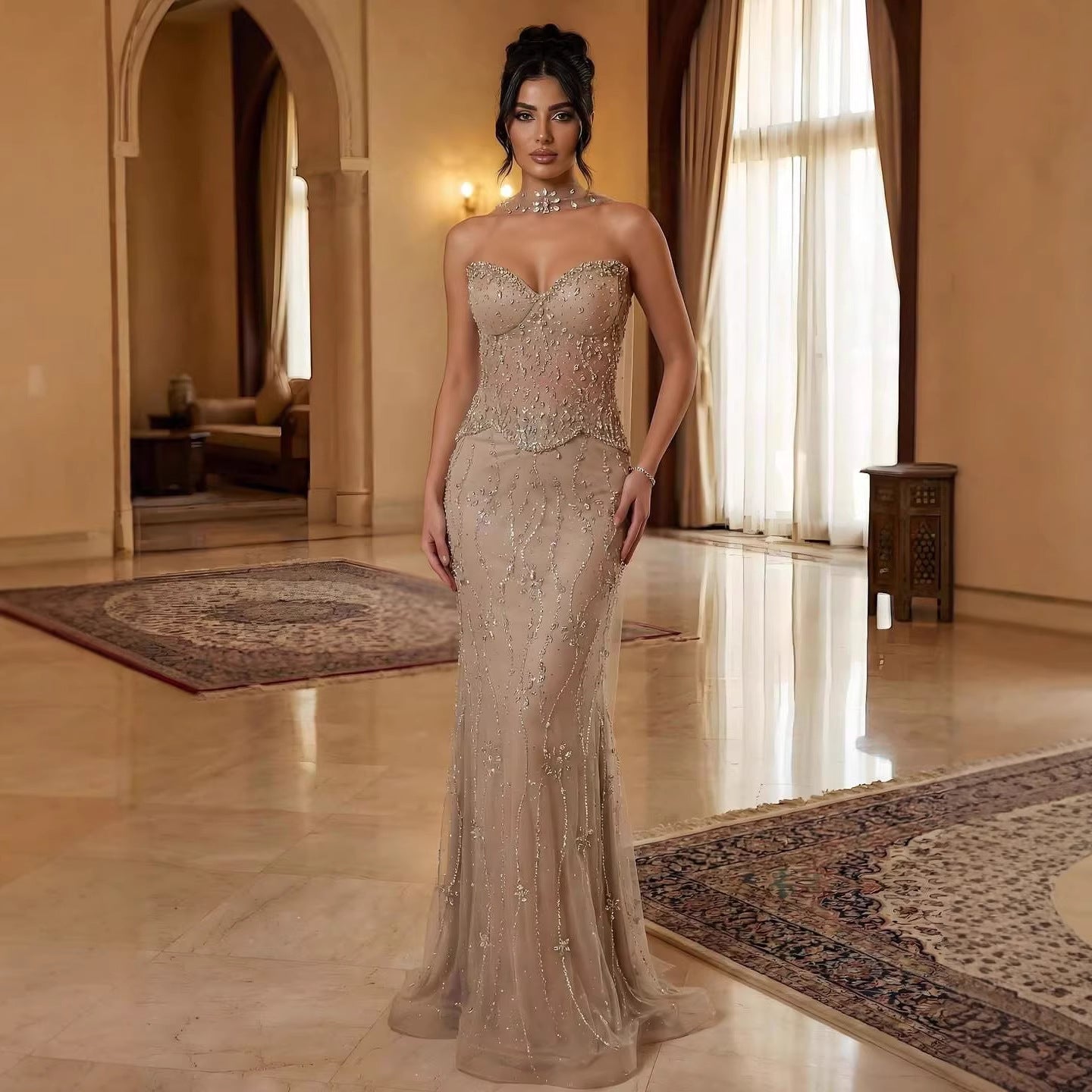 Luxury Nude Beaded Mermaid Evening Dress LA73336