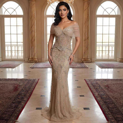 Luxury Nude Beaded Mermaid Evening Dress LA73336