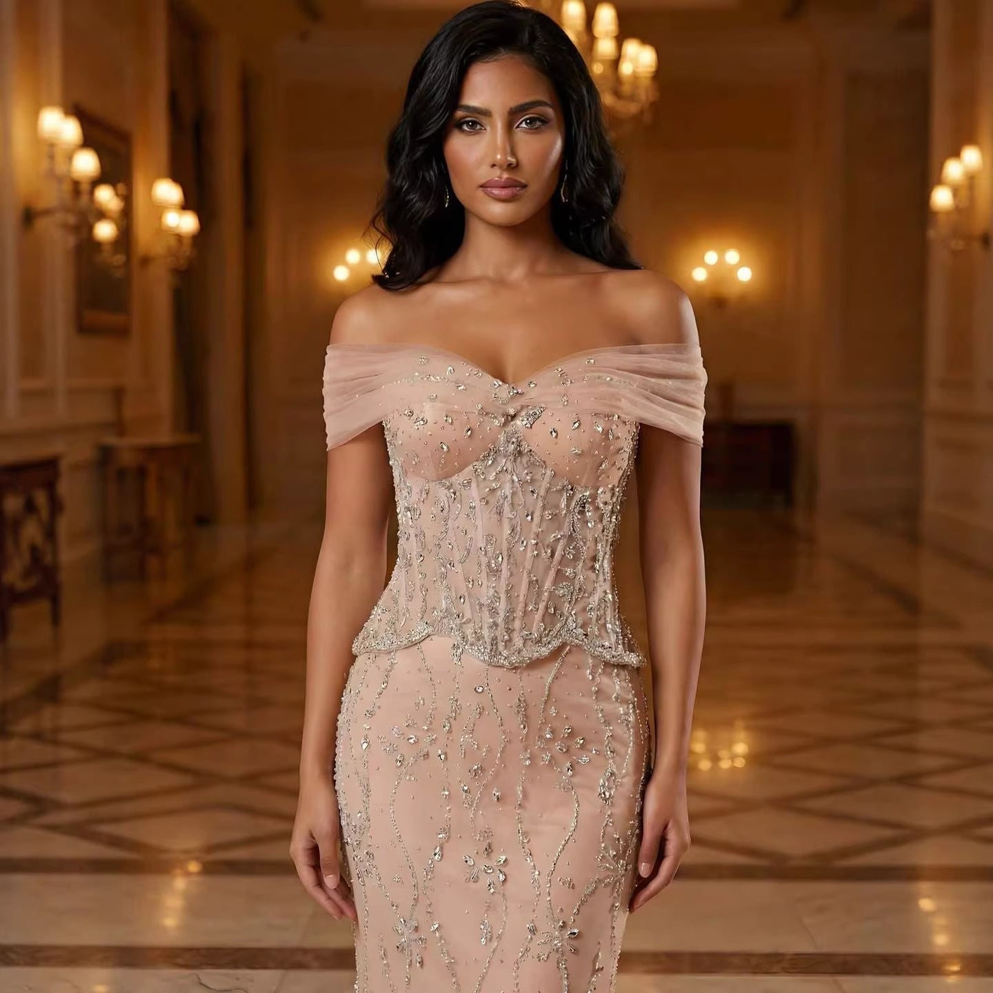 Luxury Nude Beaded Mermaid Evening Dress LA73336