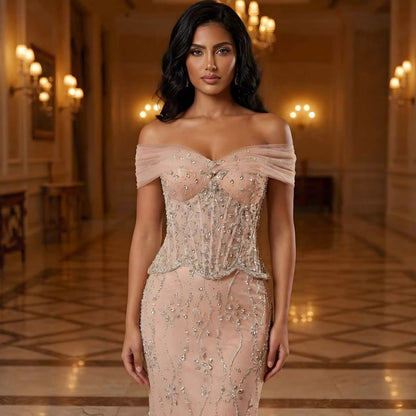 Luxury Nude Beaded Mermaid Evening Dress LA73336