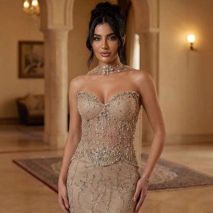 Luxury Nude Beaded Mermaid Evening Dress LA73336