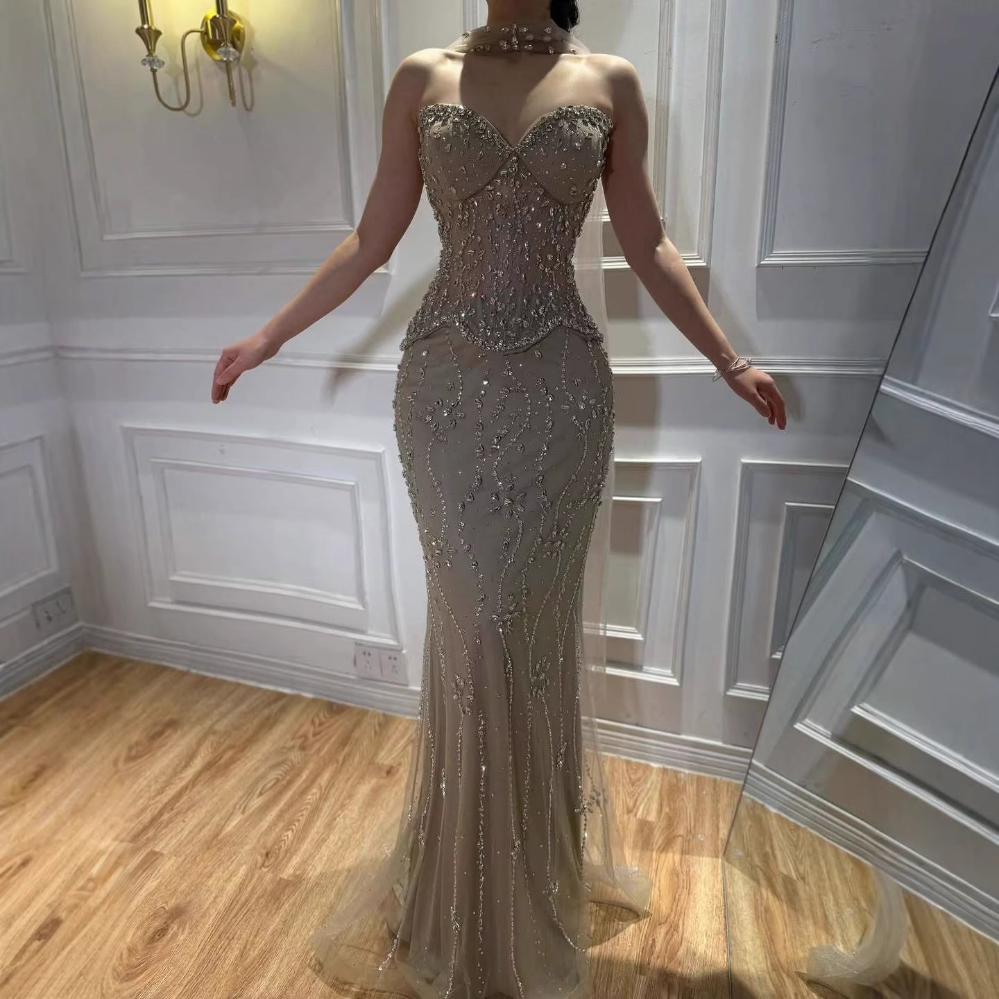 Luxury Nude Beaded Mermaid Evening Dress LA73336