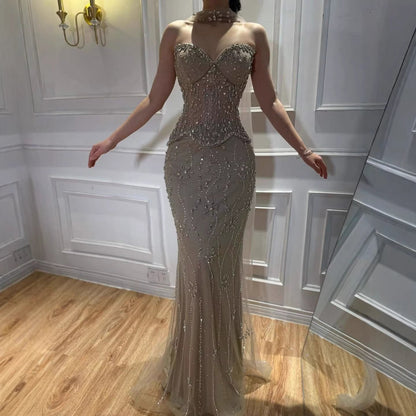 Luxury Nude Beaded Mermaid Evening Dress LA73336