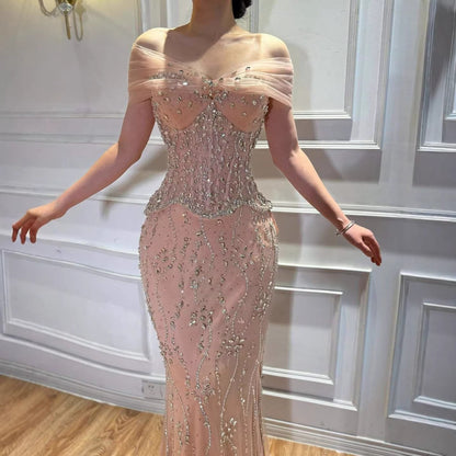 Luxury Nude Beaded Mermaid Evening Dress LA73336