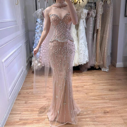 Luxury Nude Beaded Mermaid Evening Dress LA73336