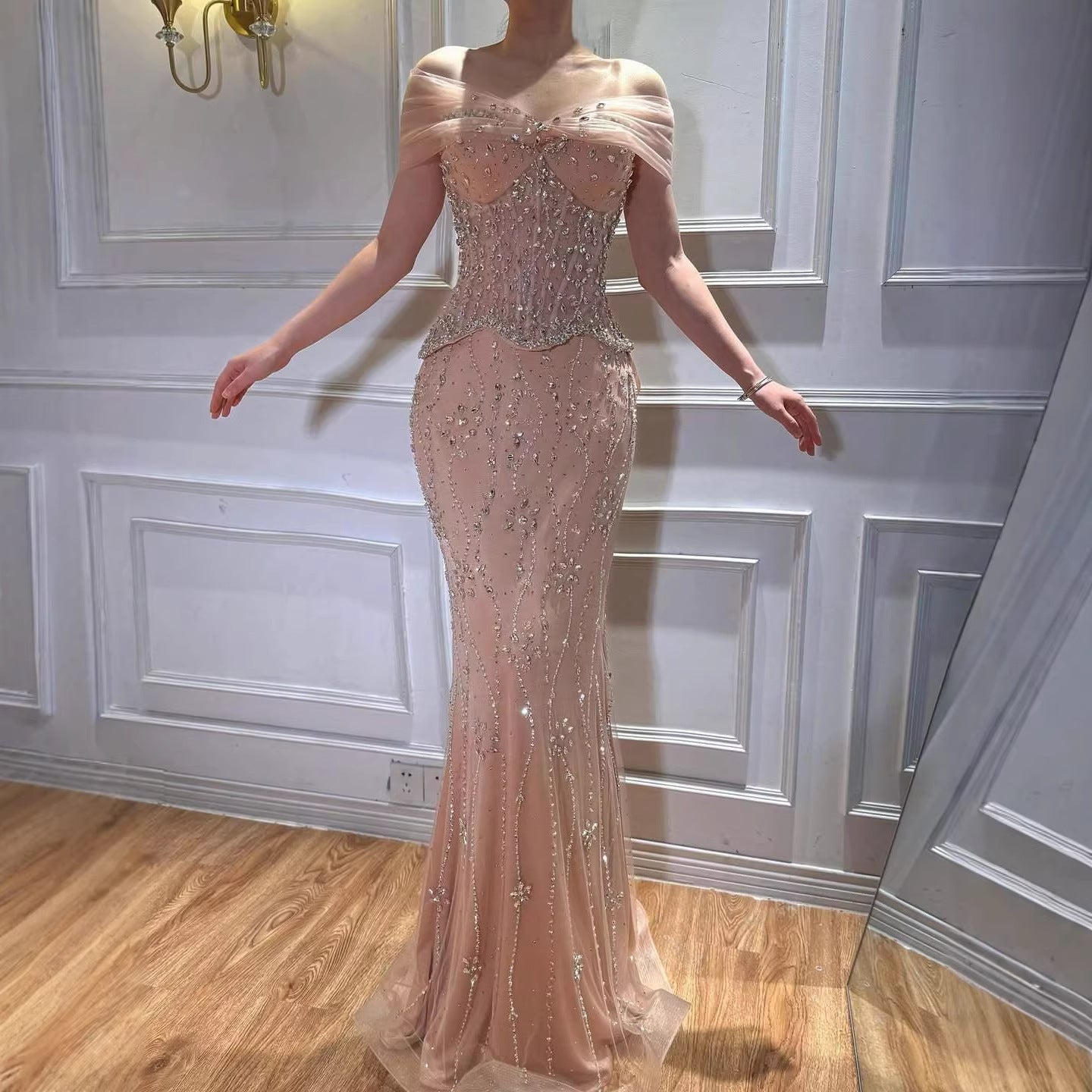 Luxury Nude Beaded Mermaid Evening Dress LA73336