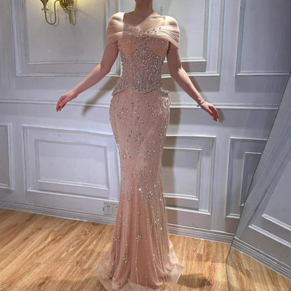Luxury Nude Beaded Mermaid Evening Dress LA73336