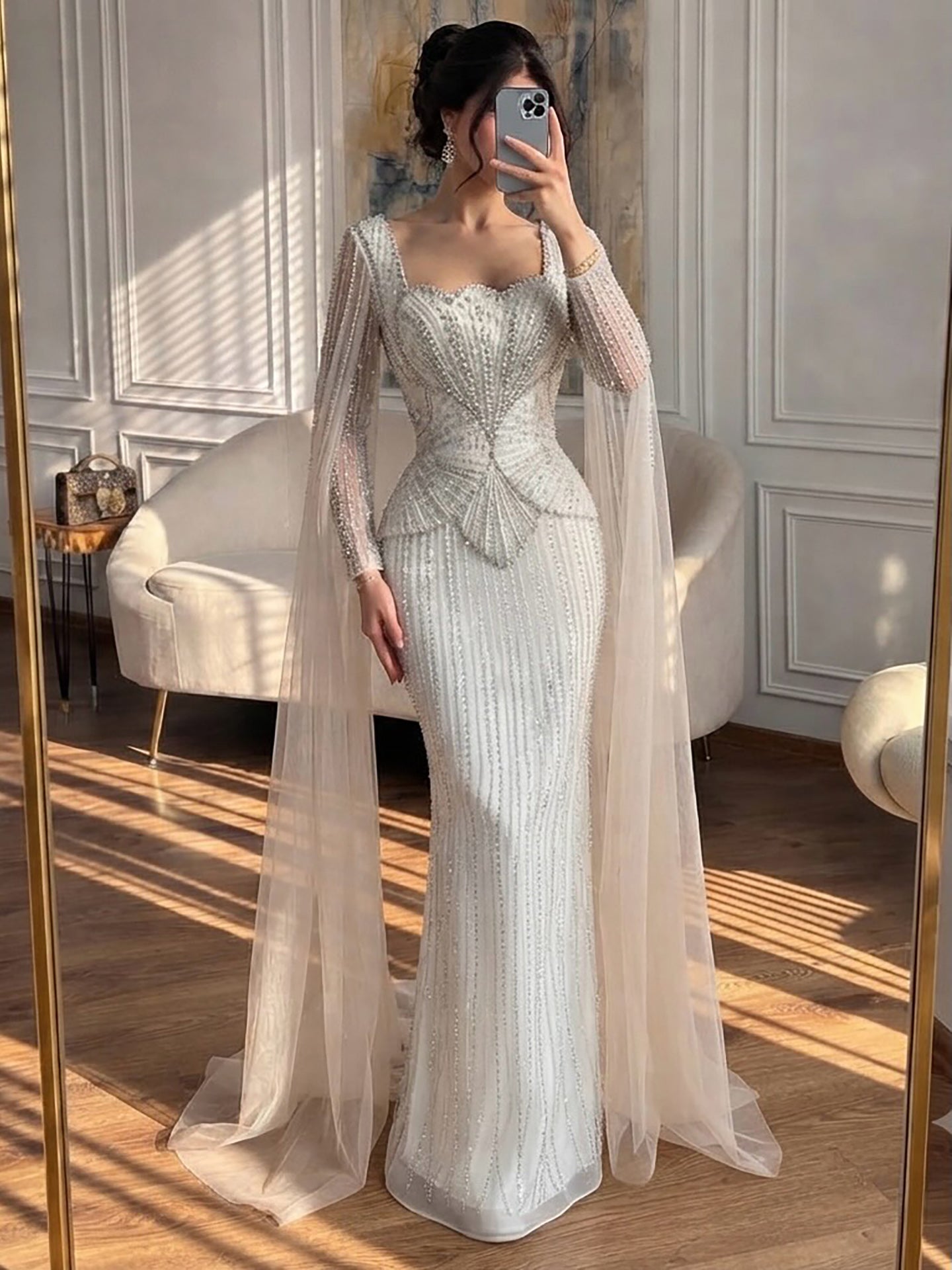 Luxury White Crystal Beaded Mermaid Gown with Split Cape Sleeves LA7333B