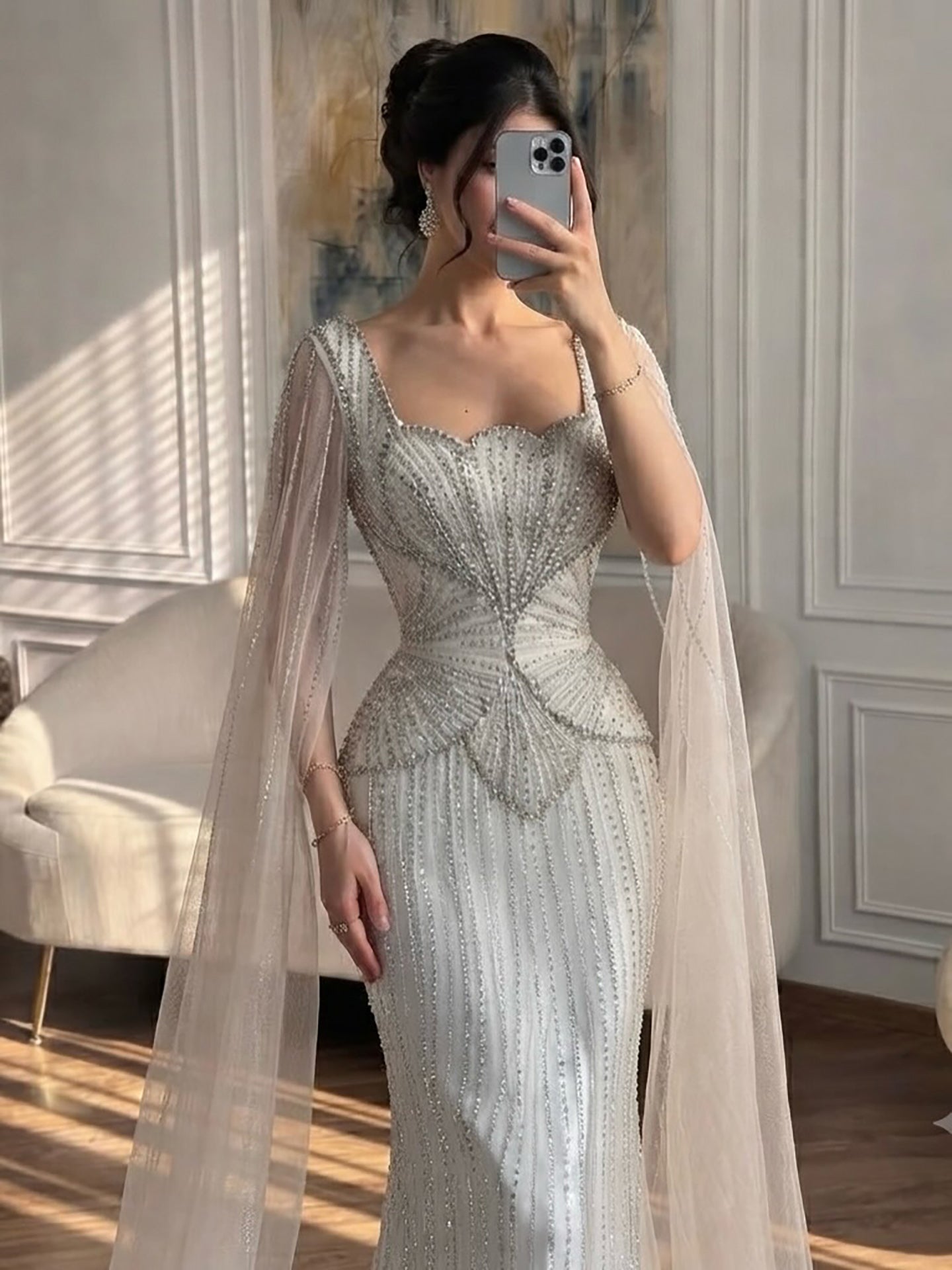 Luxury White Crystal Beaded Mermaid Gown with Split Cape Sleeves LA7333B