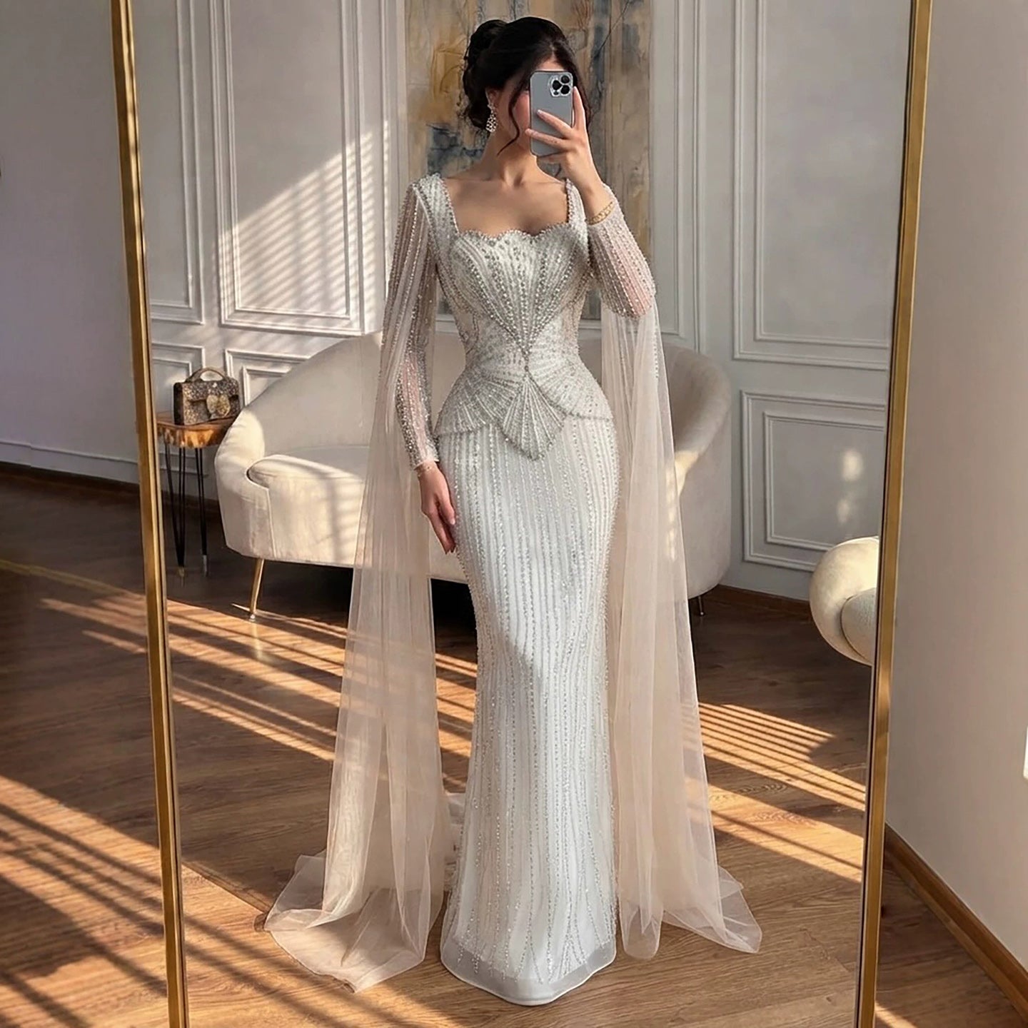 Luxury White Crystal Beaded Mermaid Gown with Split Cape Sleeves LA7333B